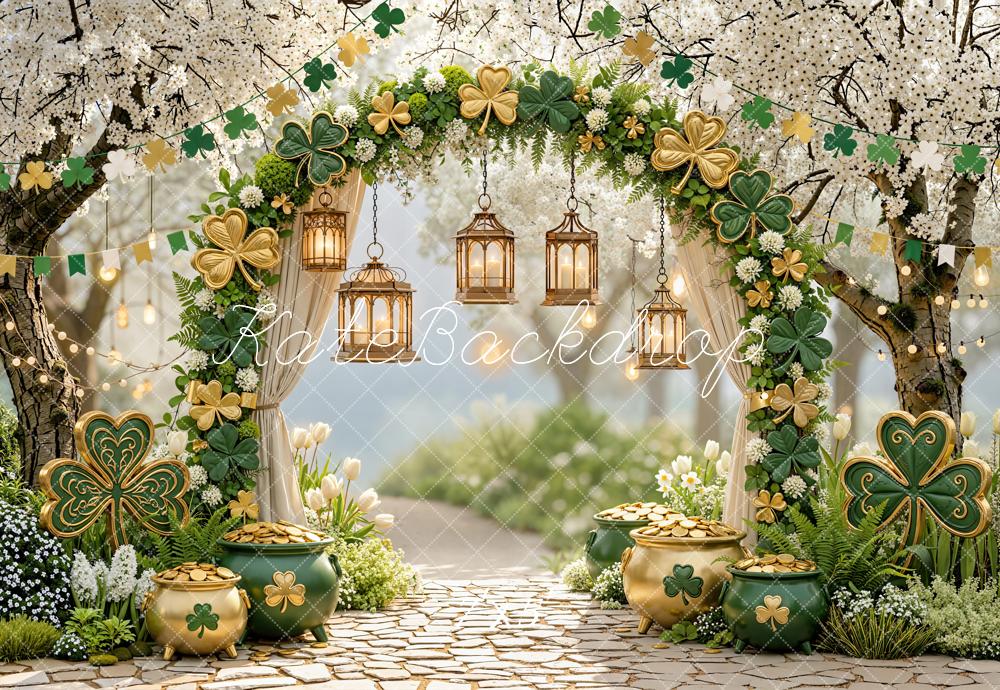 Kate Shamrock Arch Gold Pots Cobblestone Backdrop Designed by Emstselch
