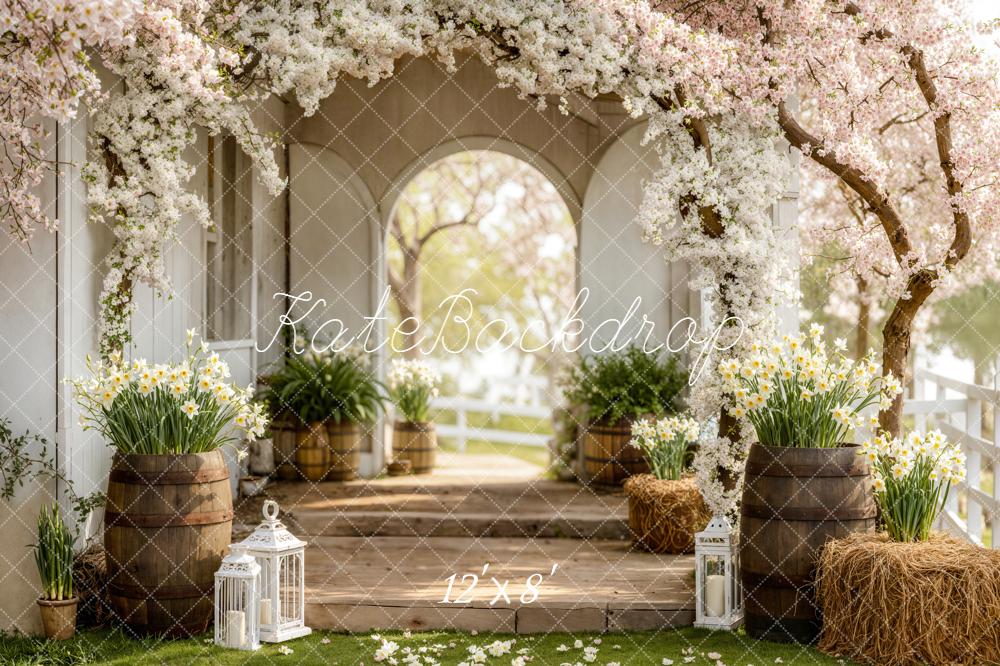 Kate Spring Blossom Arch Wooden Barrels Fleece Backdrop Designed by Emstselch - Image 4