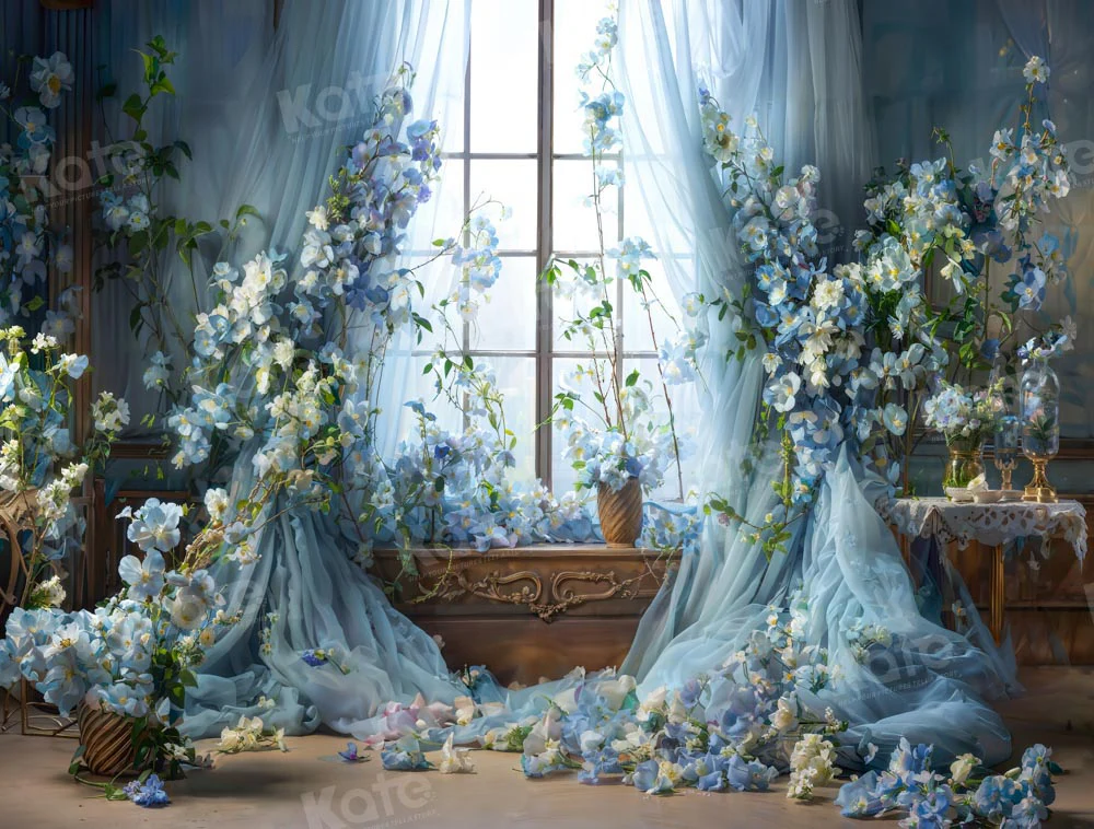 Kate Spring Blue Flower Curtain Window Room Backdrop Designed by Emetselch - Image 9
