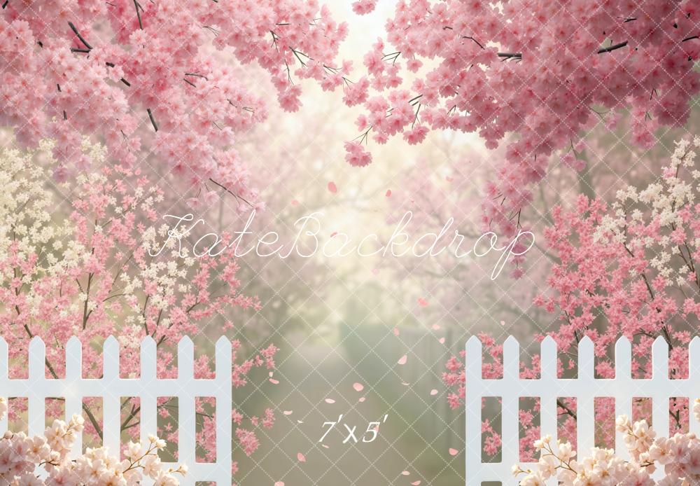 Kate Spring Cherry Blossom White Fence Backdrop Designed by Mini MakeBelieve
