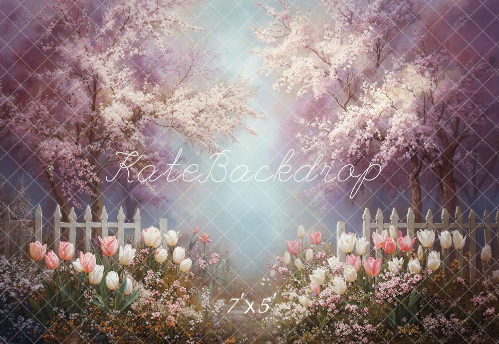 Kate Spring Cherry Blossom White Fence Backdrop Designed by Emetselch