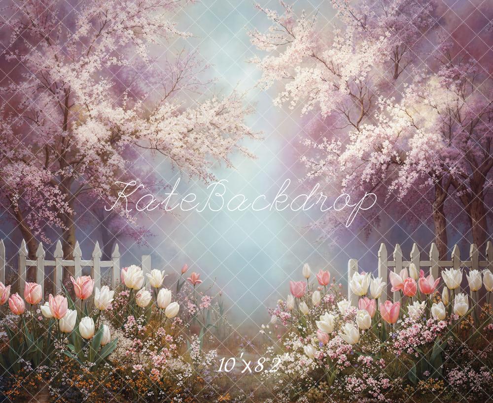 Kate Spring Cherry Blossom White Fence Backdrop Designed by Emetselch - Image 6