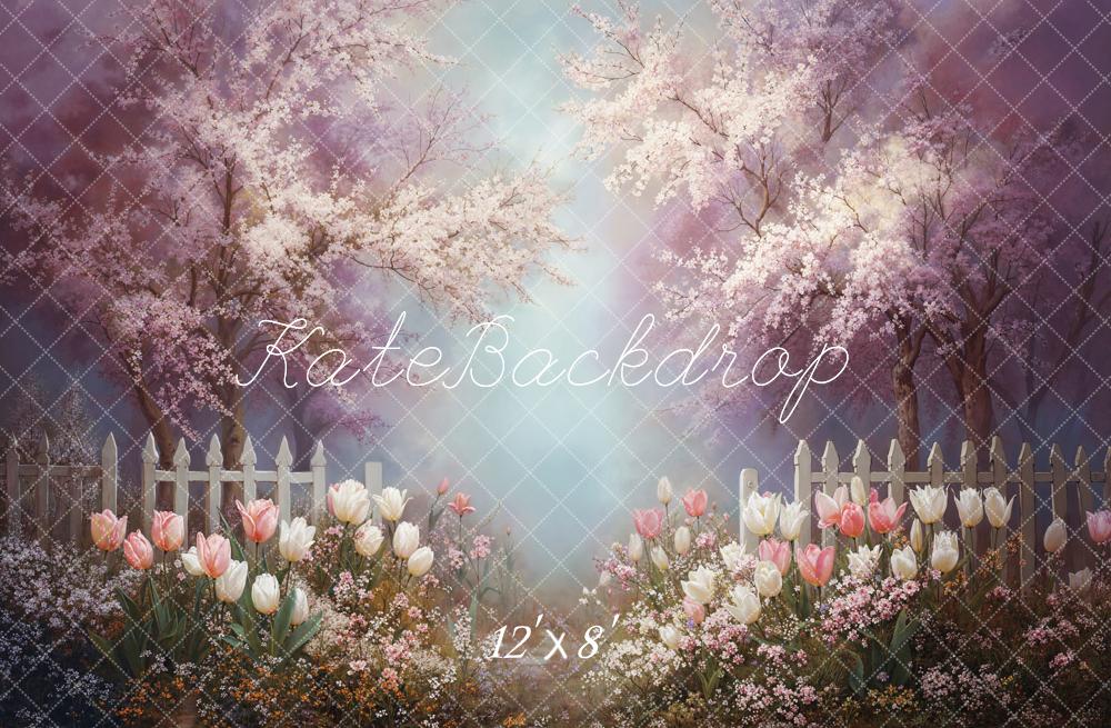Kate Spring Cherry Blossom White Fence Backdrop Designed by Emetselch - Image 8