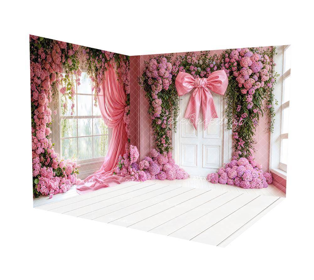 Kate Spring Floral Window Pink Bow Curtain Room Set