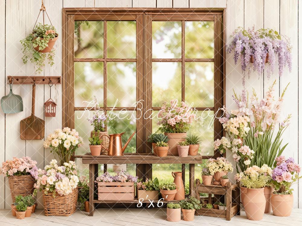 Kate Spring Flowers Pots Wooden Window Fleece Backdrop Designed by Emetselch