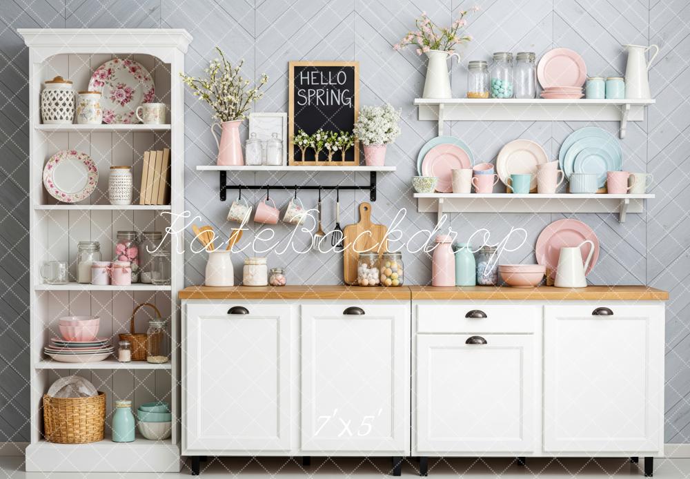 Kate Spring Kitchen Shelves Pastel Tableware Backdrop Designed by Patty Robert
