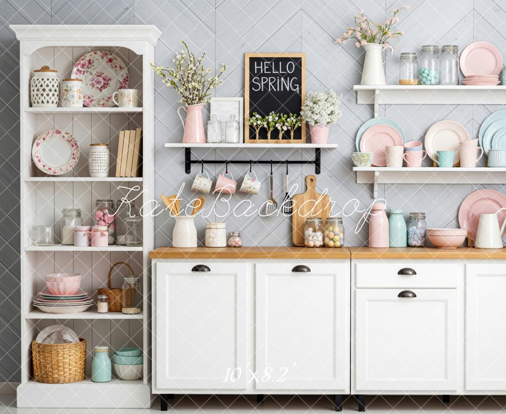 Kate Spring Kitchen White Cabinet Crockery Fleece Backdrop Designed by Patty Robert - Image 3