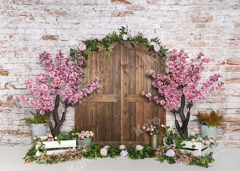 Kate Spring Peach Blossom Wood Door Brick Wall Backdrop Designed by Emetselch