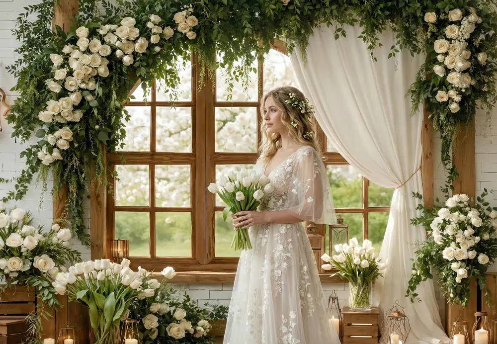 Kate Spring Wedding White Roses Floral Window Backdrop Designed by Emstselch