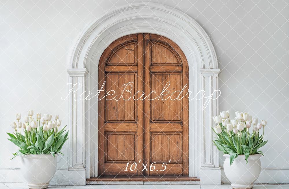 Kate Spring Wooden Arched Door Tulips Fleece Backdrop Designed by Emetselch