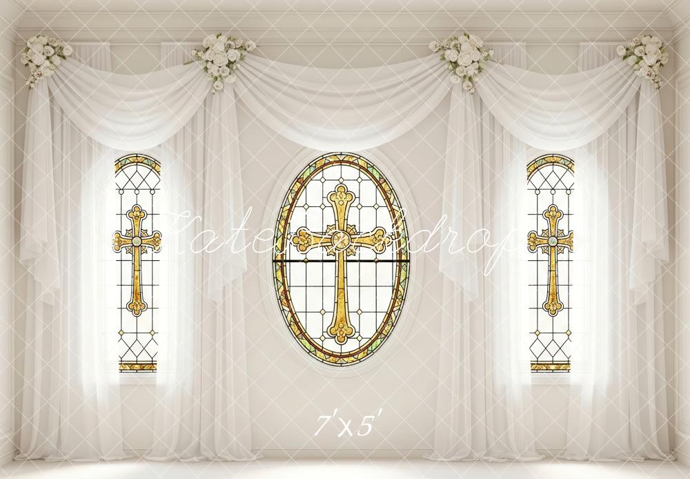 Kate Stained Glass Cross White Floral Drapes Backdrop Designed by Patty Robert