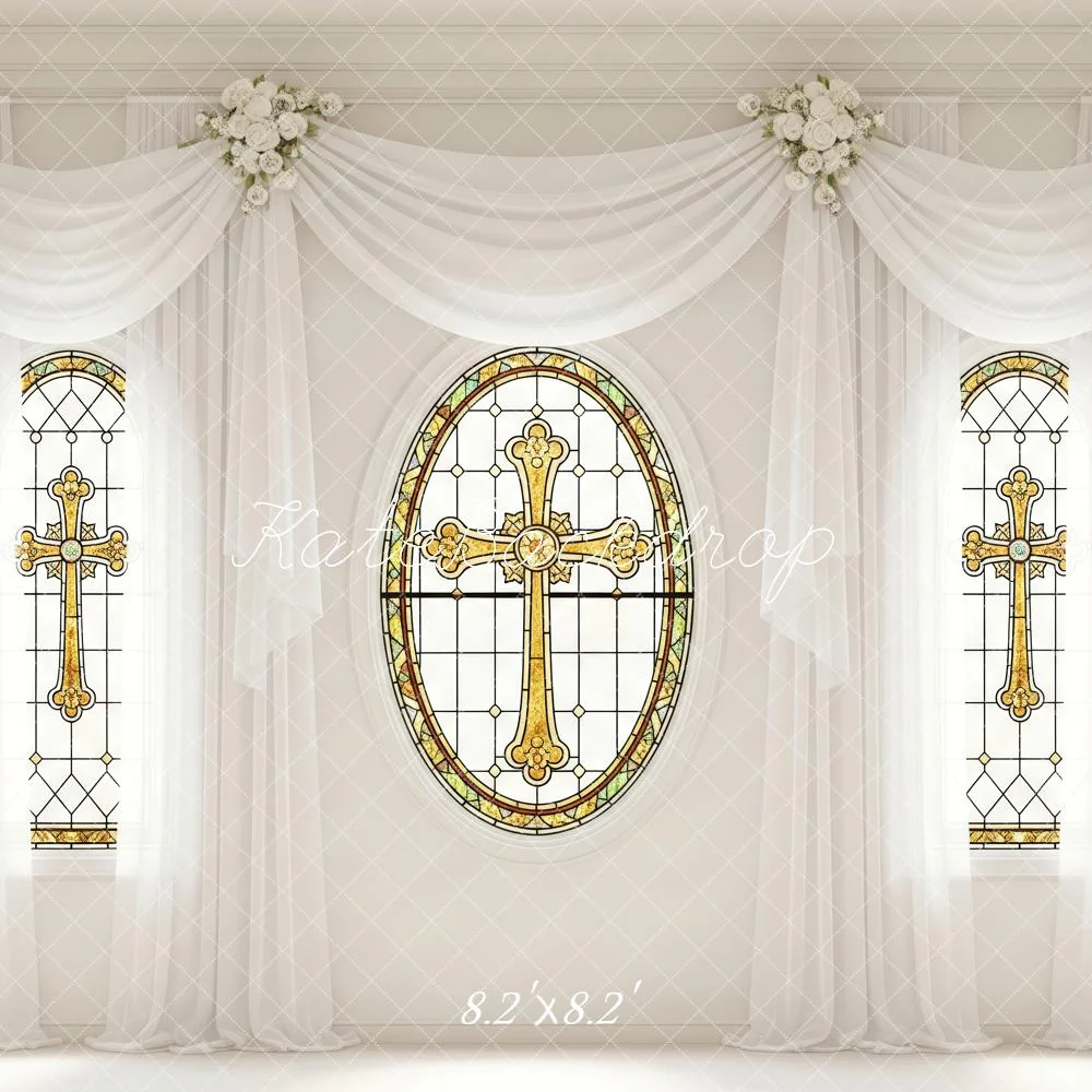Kate Stained Glass Cross White Floral Drapes Backdrop Designed by Patty Robert - Image 5