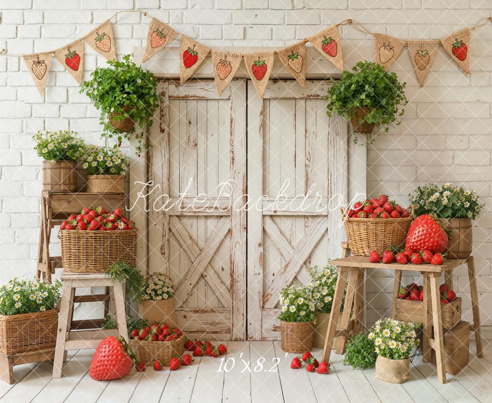 Kate Spring Strawberry Baskets Rustic Door Fleece Backdrop Designed by Emstselch - Image 3