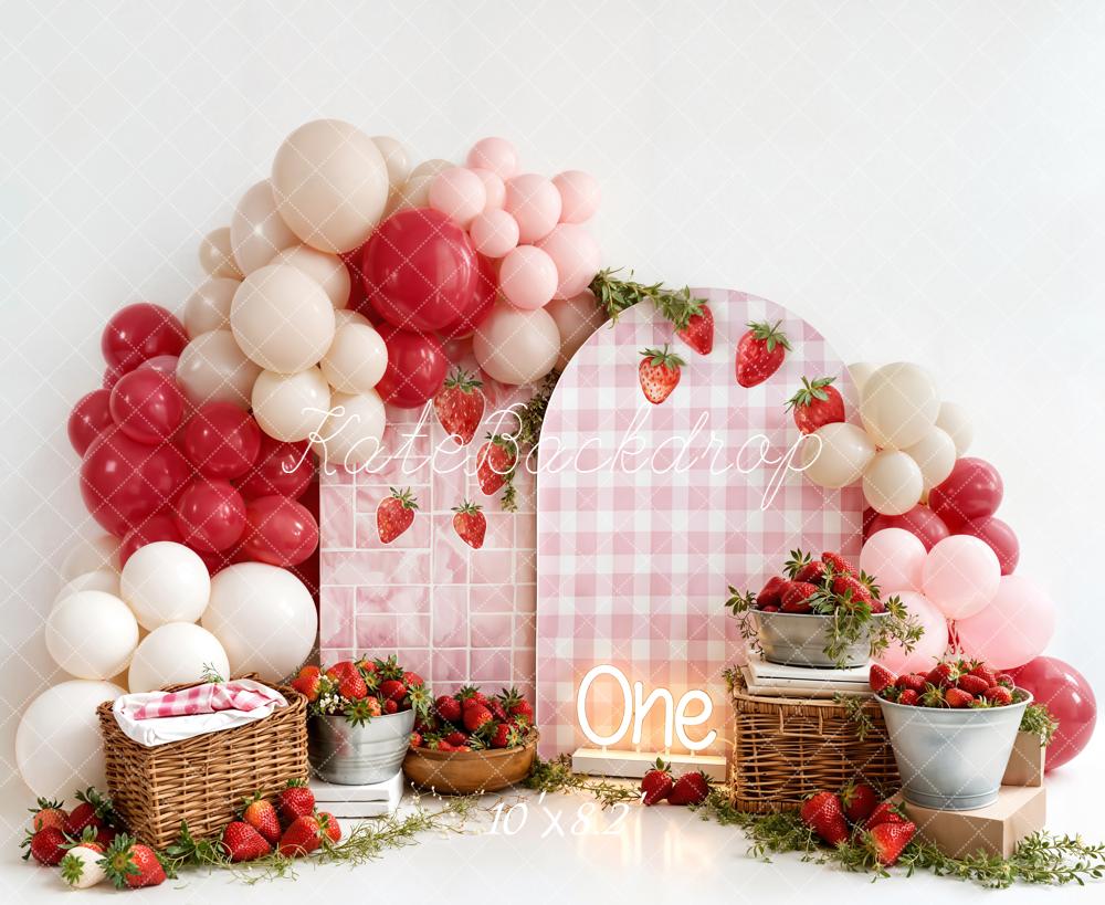 Kate Strawberry Picnic Balloons Gingham Fleece Backdrop Designed by Emstselch - Image 3