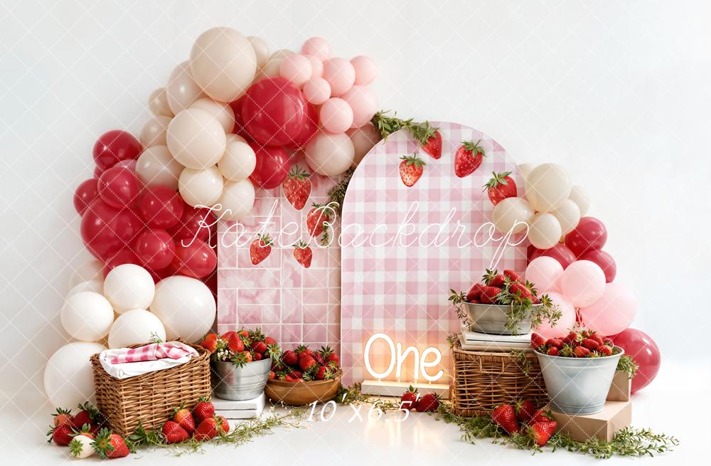 Kate Strawberry Picnic Balloons Pink Cake Smash Backdrop Designed by Emstselch - Image 4