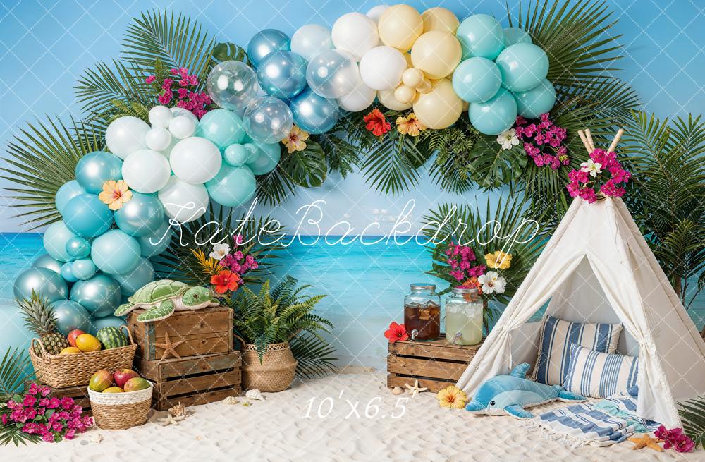 Kate Summer Beach Balloon Arch Tropical Fruits Fleece Backdrop Designed by Emetselch - Image 2