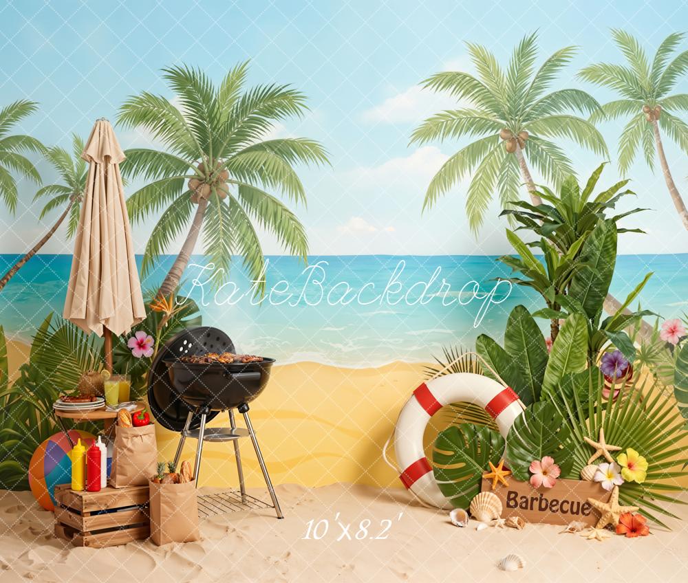Kate Summer Beach Palm Trees Barbecue Fleece Backdrop Designed by Emetselch - Image 3