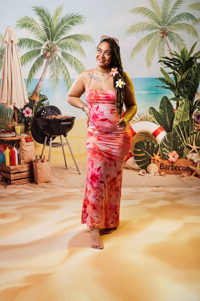 Kate Summer Beach Palm Trees Barbecue Umbrella Backdrop+Sand Floor Backdrop