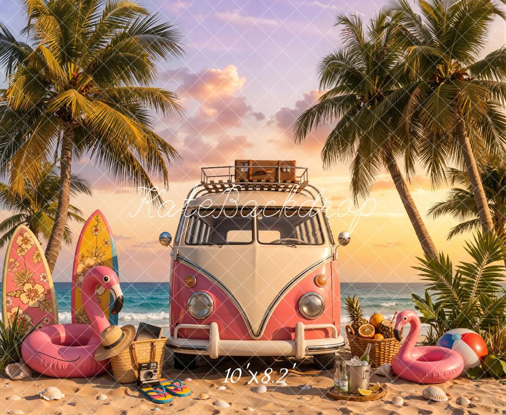 Kate Summer Beach Palm Trees Surfboards Pink Truck Fleece Backdrop Designed by Chain Photography - Image 3