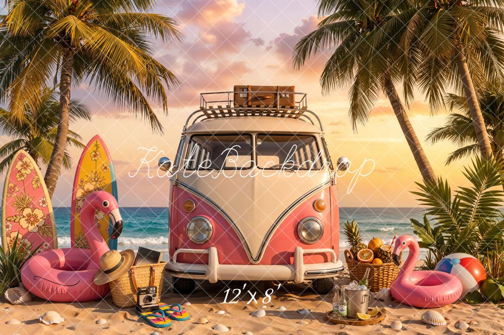 Kate Summer Beach Palm Trees Surfboards Pink Truck Fleece Backdrop Designed by Chain Photography - Image 4