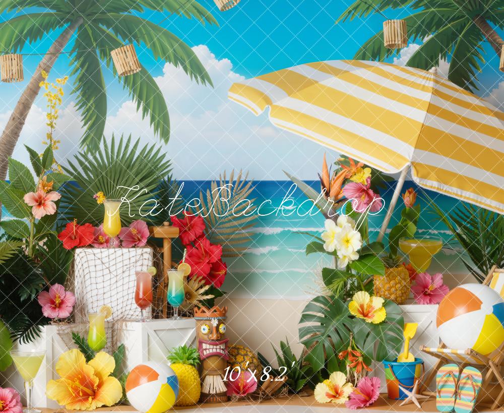Kate Summer Beach Umbrella Palm Trees Tropical Fleece Backdrop Designed by Emetselch - Image 3
