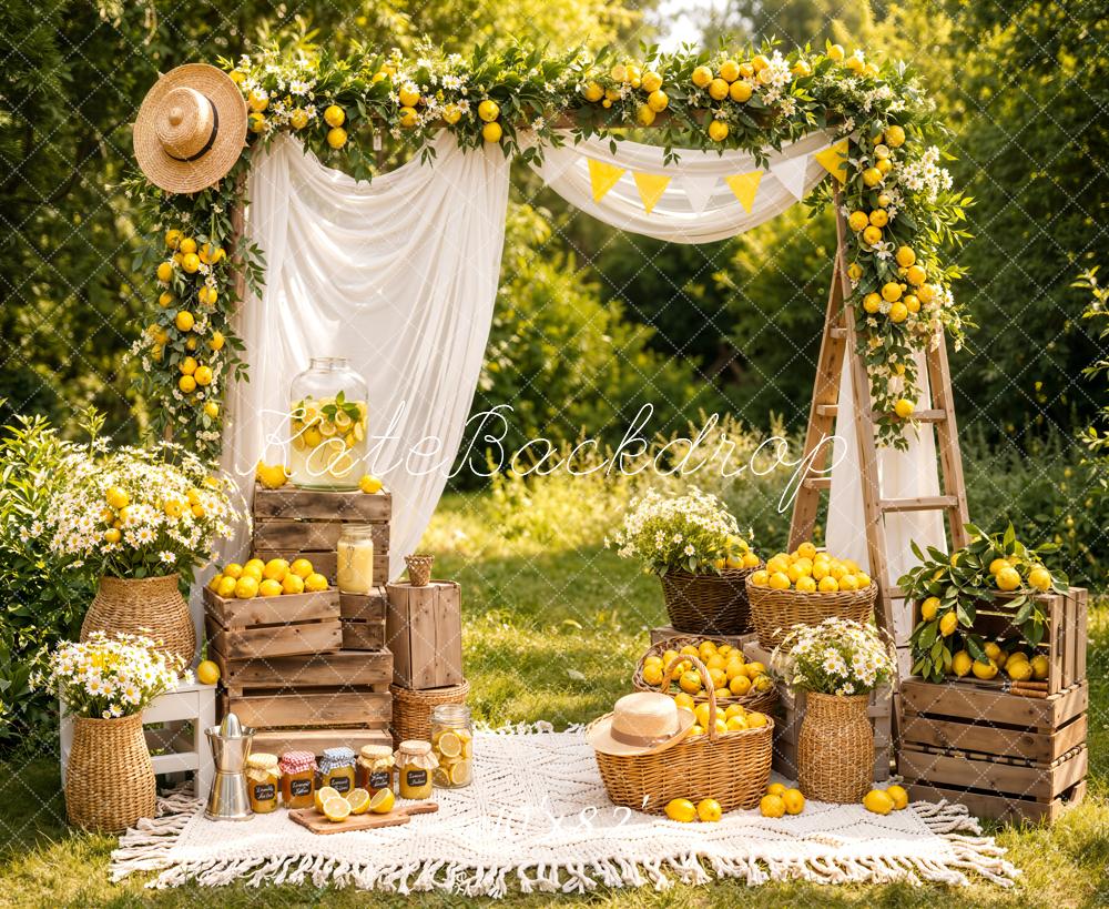 Kate Summer Lemon Orchard Picnic Fleece Backdrop Designed by Emetselch - Image 3