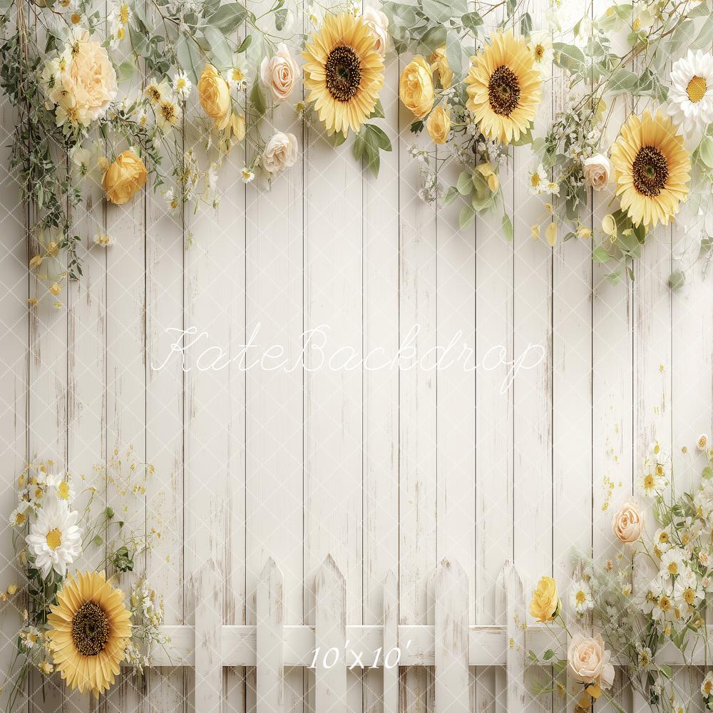 Kate Sunflower Floral White Wood Fence Backdrop Designed by Angela Marie Photography - Image 7