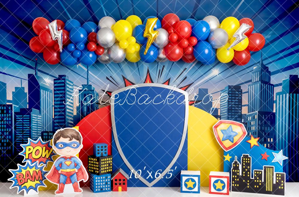 Kate Superhero City Skyline Shield Balloons Fleece Backdrop Designed by Patty Robert - Image 2