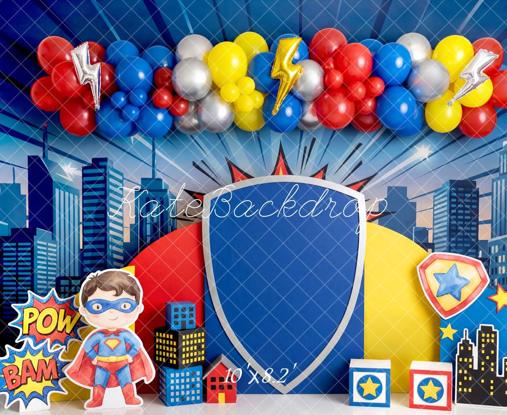 Kate Superhero City Skyline Shield Balloons Fleece Backdrop Designed by Patty Robert - Image 3