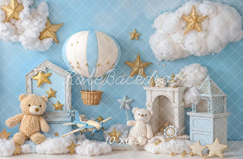 Kate Teddy Bear Hot Air Balloon Stars Clouds Fleece Backdrop Designed by Emetselch - Image 2