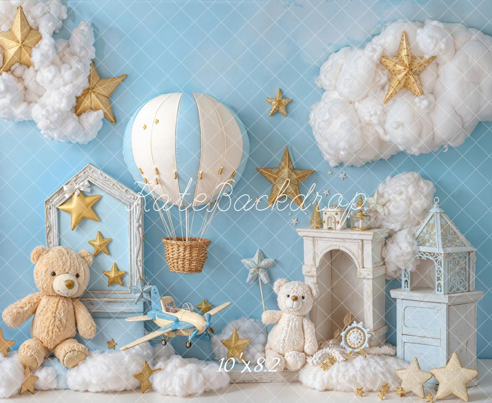 Kate Teddy Bear Hot Air Balloon Stars Clouds Fleece Backdrop Designed by Emetselch - Image 3