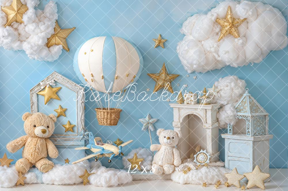 Kate Teddy Bear Hot Air Balloon Stars Clouds Fleece Backdrop Designed by Emetselch - Image 4