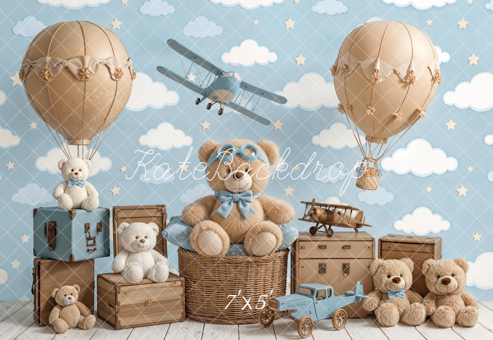 Kate Teddy Bears Aeroplanes Hot Air Balloons Clouds Backdrop Designed by Chain Photography