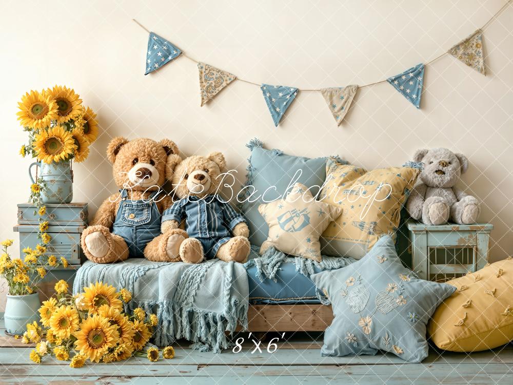 Kate Teddy Bears Sunflowers Blue Cushions Backdrop Designed by Emetselch - Image 3