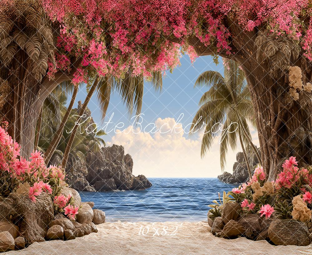 Kate Tropical Beach Palm Trees Pink Flowers Fleece Backdrop Designed by Angela Marie Photography - Image 3