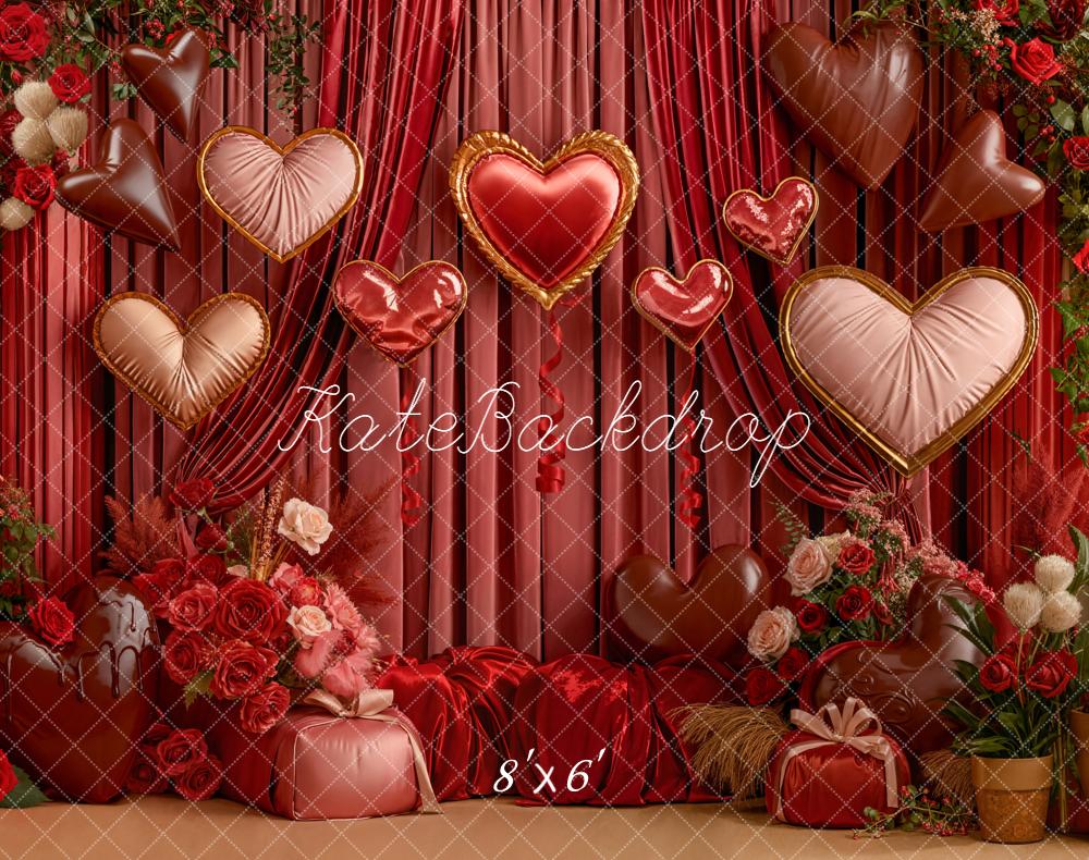 Kate Valentine Hearts Floral Red Curtains Fleece Backdrop Designed by Emetselch