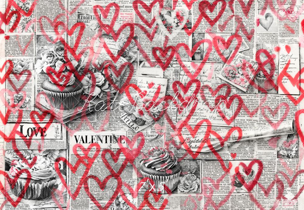 Kate Valentine Newspaper Cupcakes Hearts Backdrop Designed by Emetselch