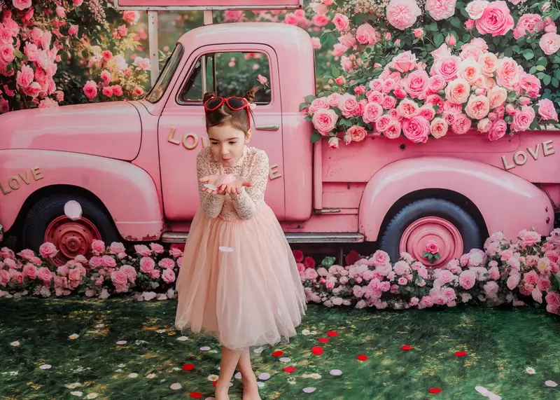 Kate Valentine Pink Truck Love Roses Backdrop Designed by Emetselch