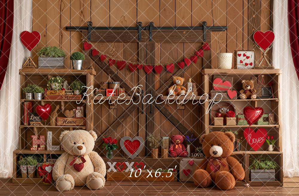 Kate Valentine Teddy Bears Wooden Shelves Fleece Backdrop Designed by Emetselch - Image 2