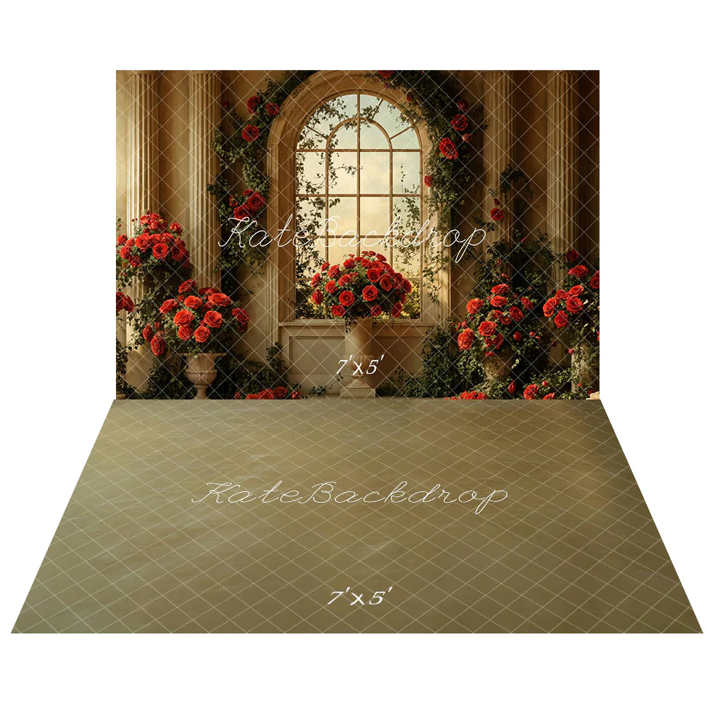 Kate Valentine Vintage Arched Window Rose Backdrop+Brown Abstract Floor Backdrop