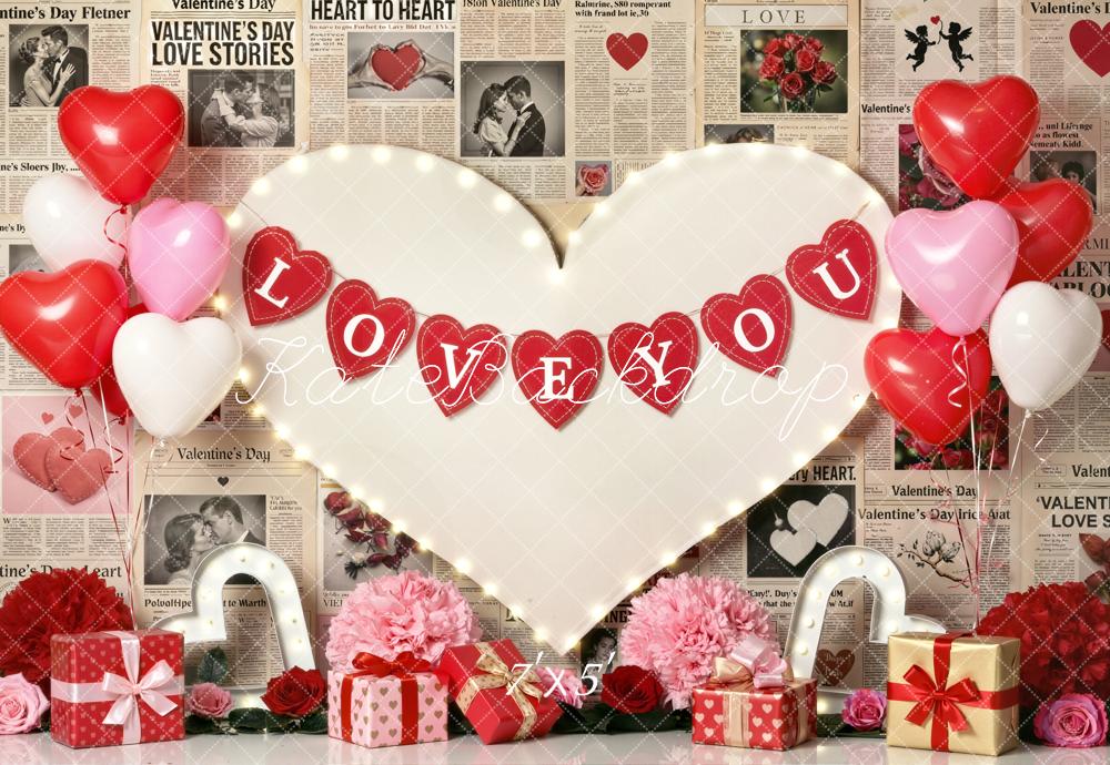 Kate Valentine's Day Heart Balloons Newspaper Backdrop Designed by Emetselch