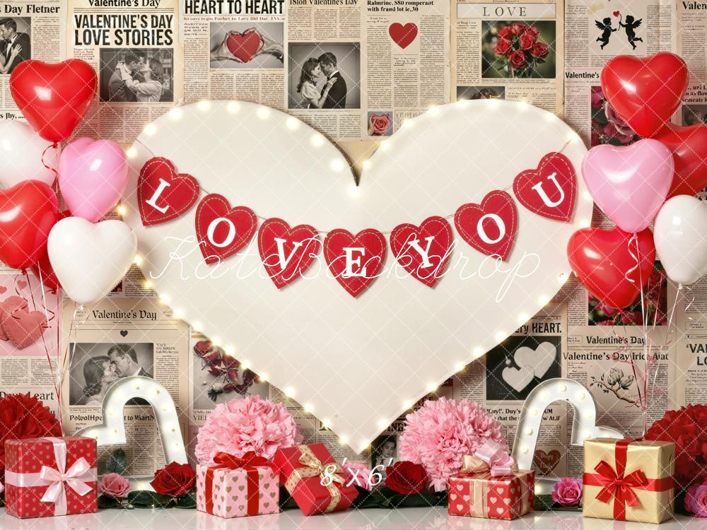 Kate Valentine's Day Heart Balloons Newspaper Fleece Backdrop Designed by Emetselch