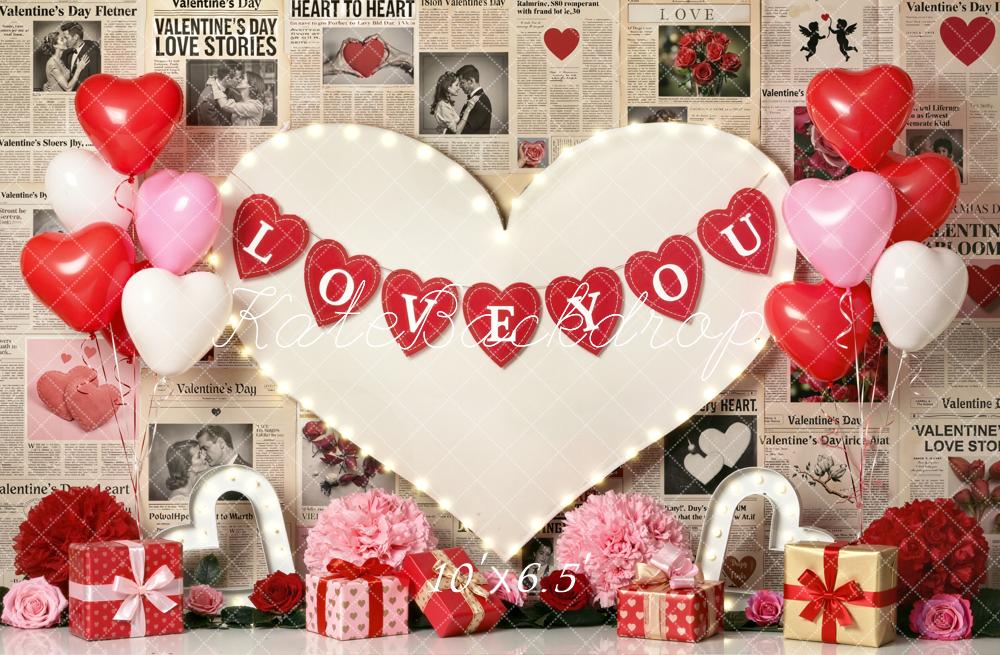 Kate Valentine's Day Heart Balloons Newspaper Fleece Backdrop Designed by Emetselch - Image 2