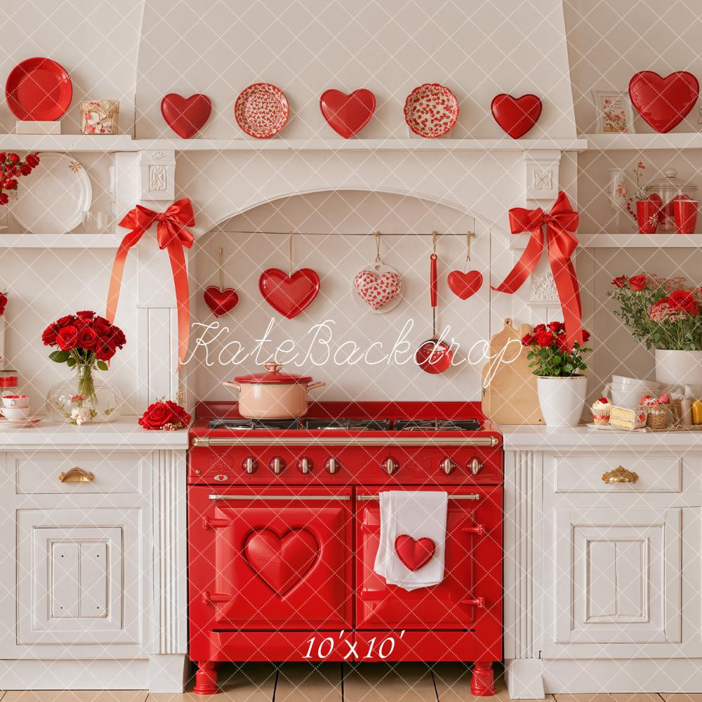 Kate Valentines Kitchen Red Stove Bows Hearts Backdrop Designed by Emetselch - Image 7