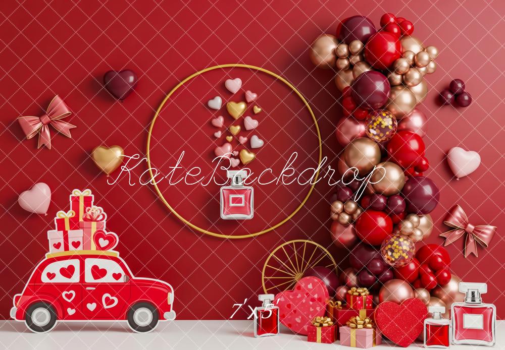 Kate Valentines Red Car Balloons Hearts Gifts Backdrop Designed by Patty Robert