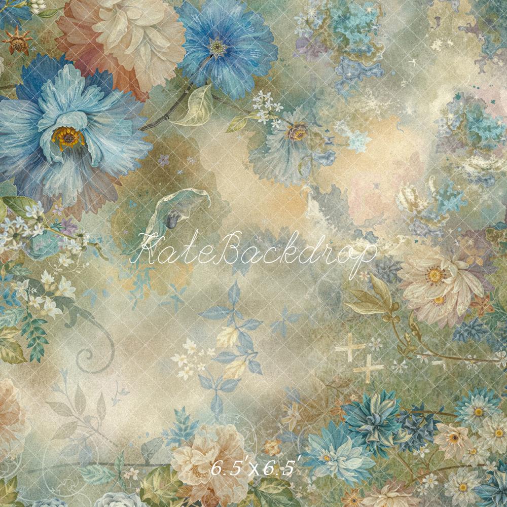 Kate Vintage Blue Beige Floral Pattern Backdrop Designed by Emetselch - Image 2