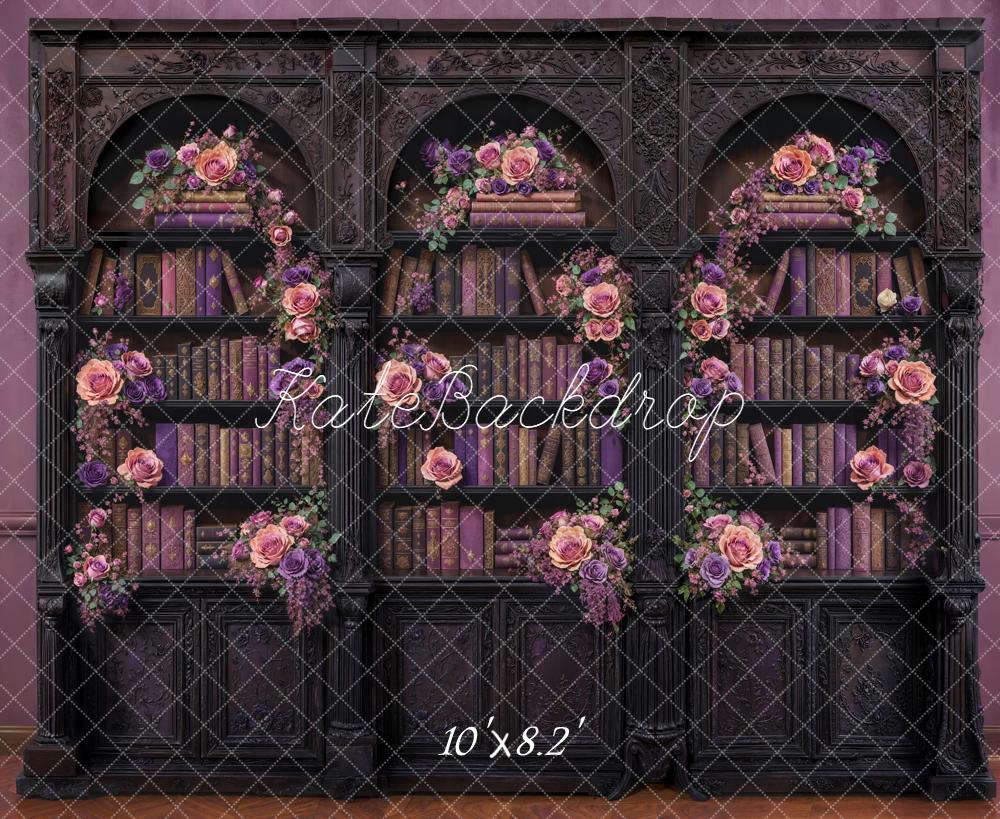 Kate Vintage Bookshelf Floral Purple Fleece Backdrop Designed by Emetselch - Image 3