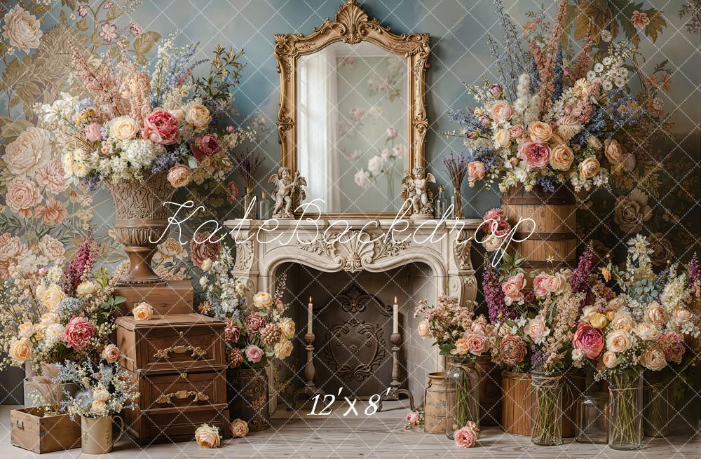 Kate Vintage Floral Mirror Fireplace Fleece Backdrop Designed by Emetselch - Image 4