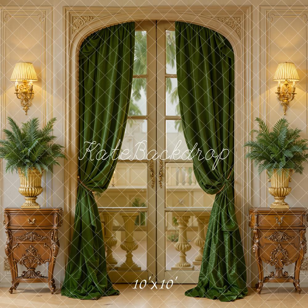 Kate Vintage French Window Green Curtains Plants Backdrop Designed by Emetselch - Image 7