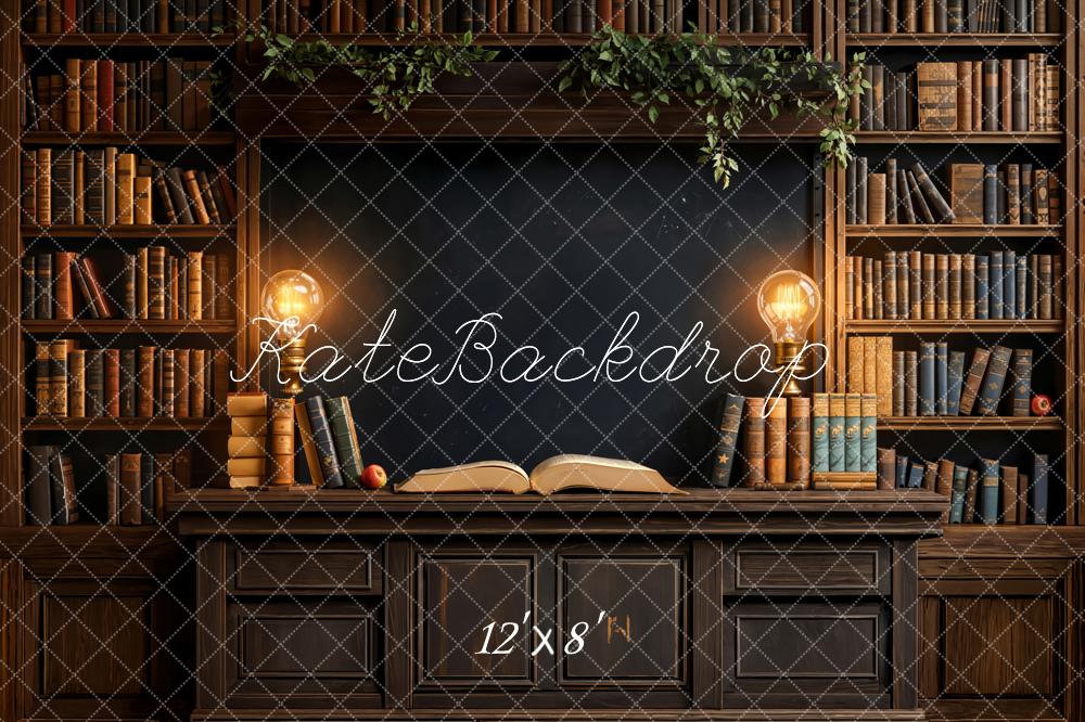 Kate Vintage Library Bookshelves Lamp Fleece Backdrop Designed by Emetselch - Image 4